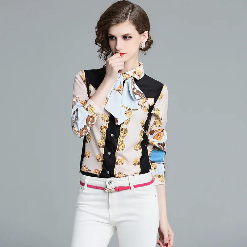 Womans Printed Long Sleeve Bow Collar Slim Shirt Tops Vintage 2018 Autumn Women's Runway big Size Shirts Blouses H6-6123 |