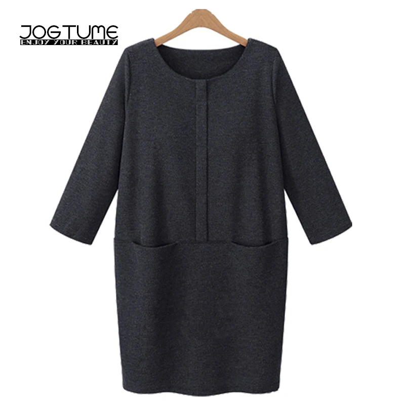 JOGTUME женское платье для офиса размера плюс весна осень 2017 серый/черный свободное