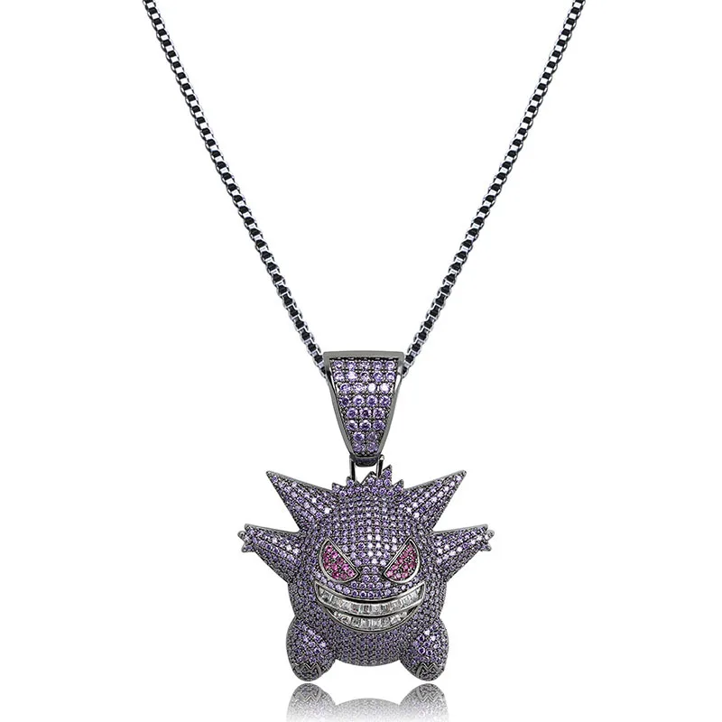 purple Новое поступление. Подвеска с покемоном из кубического циркония. Ювелирные изделия в стиле хип-хоп. Ожерелье Gengar. Медное ожерелье со льдом. Подарок для мужчин - Окраска металла: purple