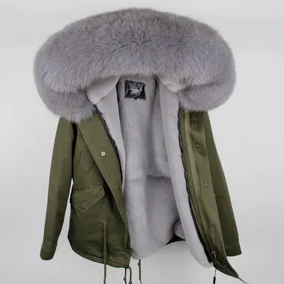 short green gray fur Новинка, Брендовое меховое пальто, парка, зимняя куртка, пальто, женская парка, настоящий большой воротник из лисьего меха, с капюшоном, с искусственным мехом, длинная верхняя одежда - Цвет: short green gray fur