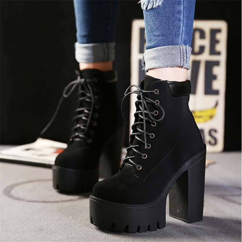 Черный Fashion Women Boots Square Heel Platforms PU Leather Thigh High Pump Boots Motorcycle Shoes Hot Sale MAZIAO - Цвет: Черный
