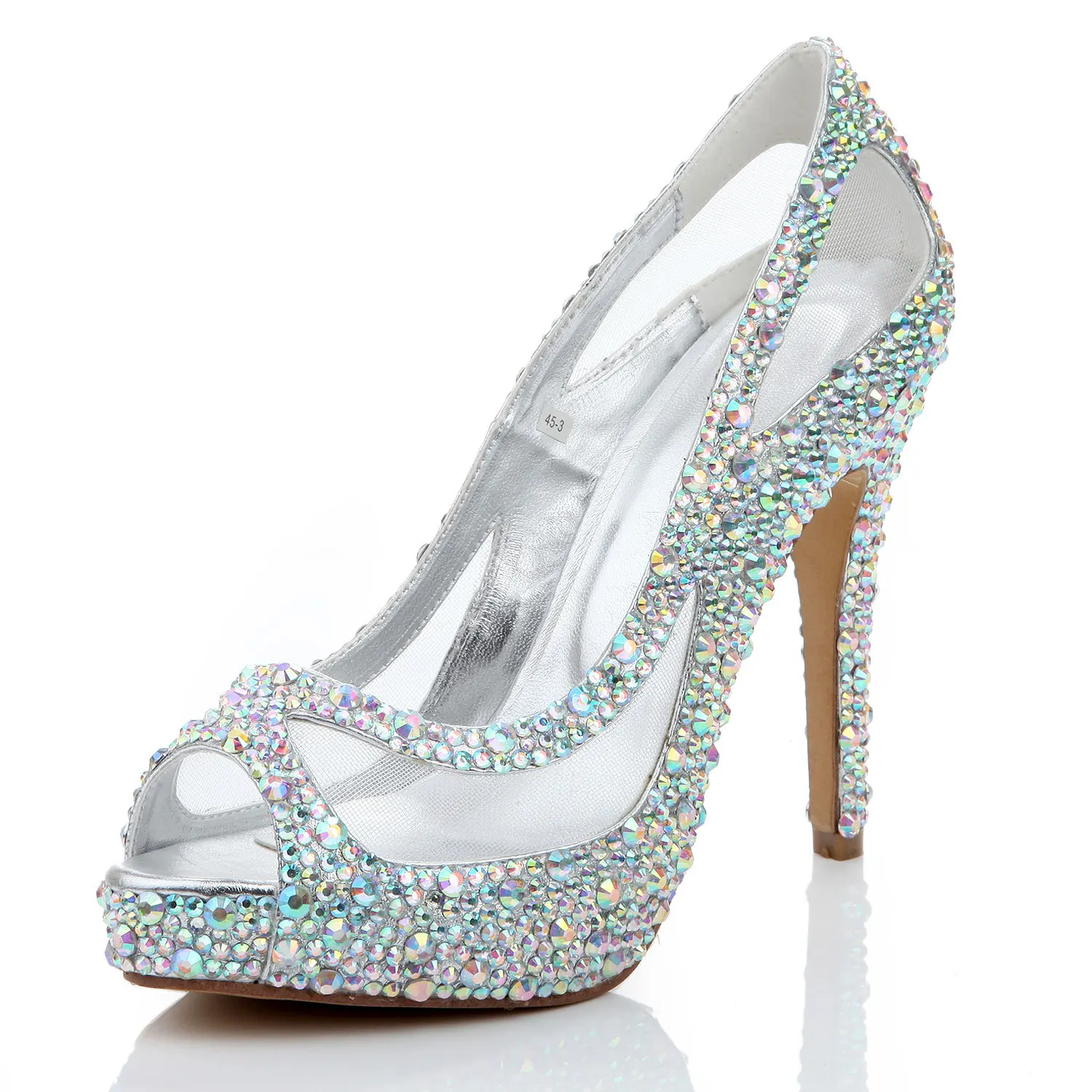 

LSDN-1129 New Style Diamond Single Shoe Women Nightclub Yarn Mesh Fishmouth High Heel Crystal Banquet Shallow Sandals