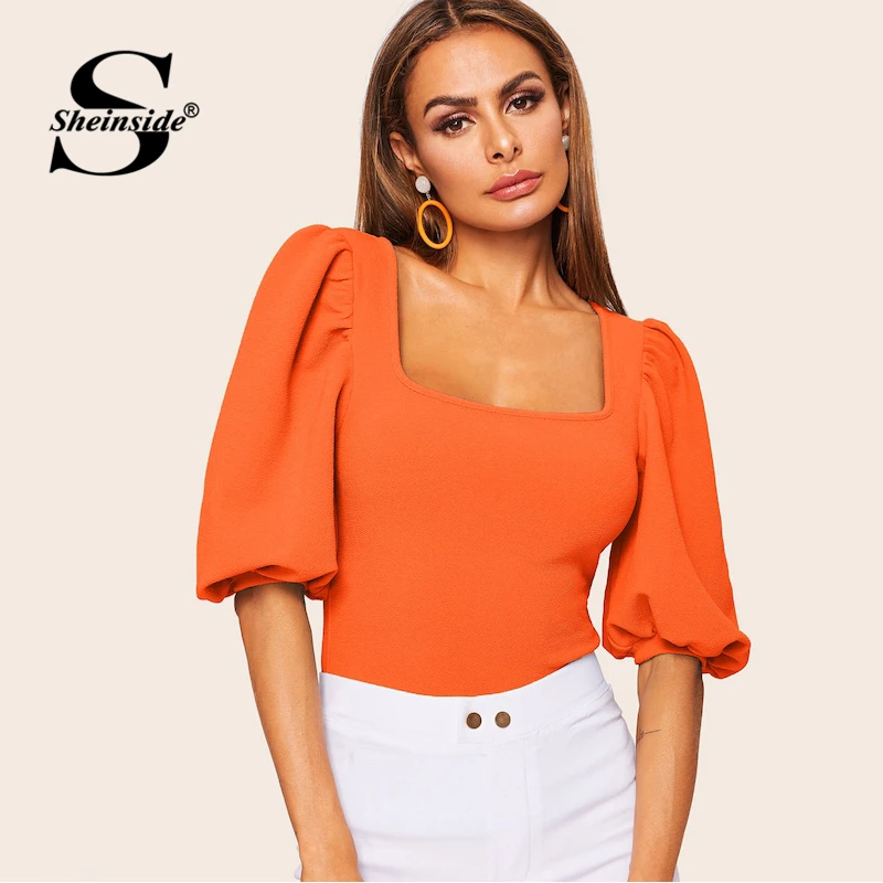 Sheinside, элегантный, эластичный, с пышными рукавами, Одноцветный Топ, для женщин,, лето, половина рукава, базовая отделка, футболка, для девушек, на каждый день, квадратный вырез, топы