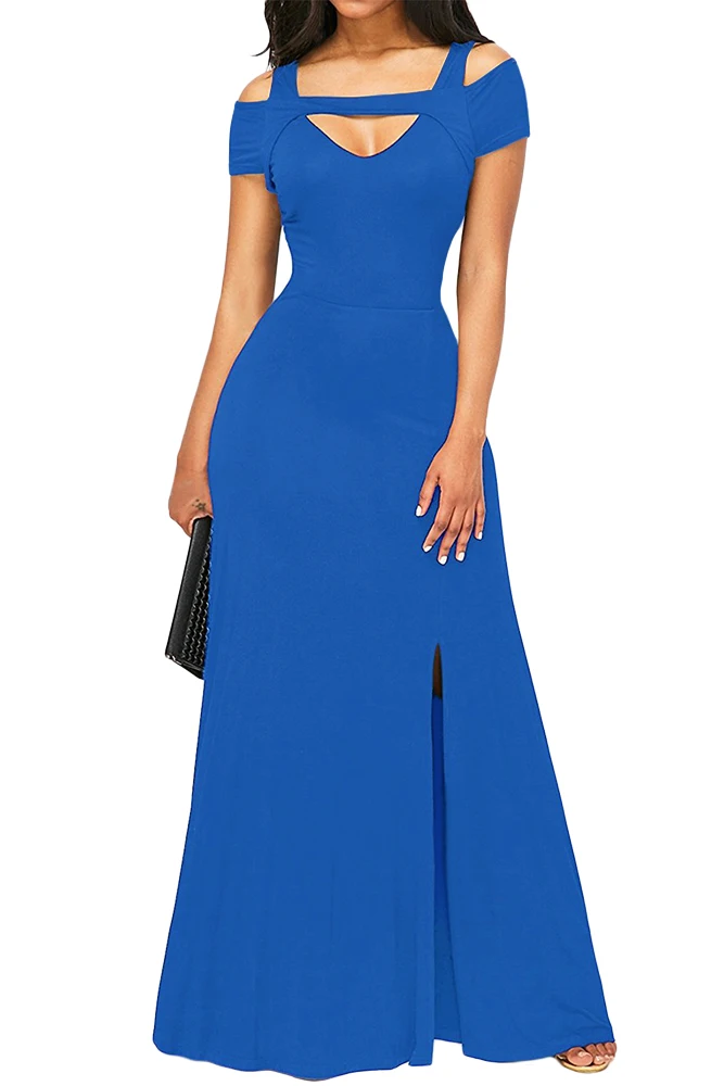 Women New Cold Shoulder Front Slit Flare Maxi Dress Sexy V Neck Empire Waistline Party Long Plus Size Elegant Dresses Vestidos | Женская