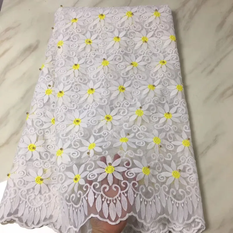 5 ярдов/шт Чудесный Белый цветок и желтая вышивка французское кружево с бусинами