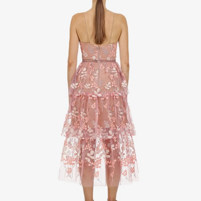 

Woman Pink Spaghetti Strap Dress Mesh Embroidered Midi Dresses