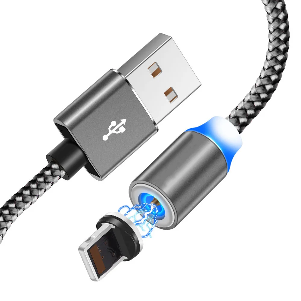 Gray Cable and Plug 1 м СВЕТОДИОДНЫЙ Магнитный зарядный кабель Micro USB кабель для iPhone XR XS Max X 10 8 7 магнитное зарядное устройство usb type C кабели для samsung S10 Plus - Цвет: Gray Cable and Plug