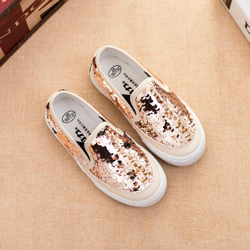 Sequins Girls Shoes Children Sneakers Kids Solid Color Baby Loafers Students Flats Slip on Gold Black Canvas 23-37# | Детская одежда и