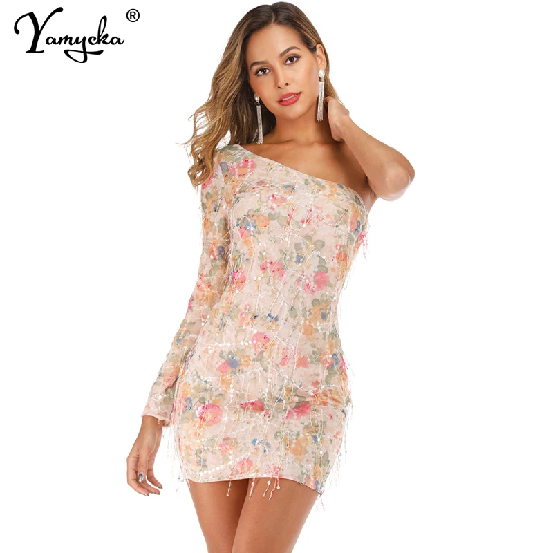 Sexy tassel print Sequins summer Midi dress women one shoulder Backless wrap elegant bodycon vintage club party dresses vestidos | Женская