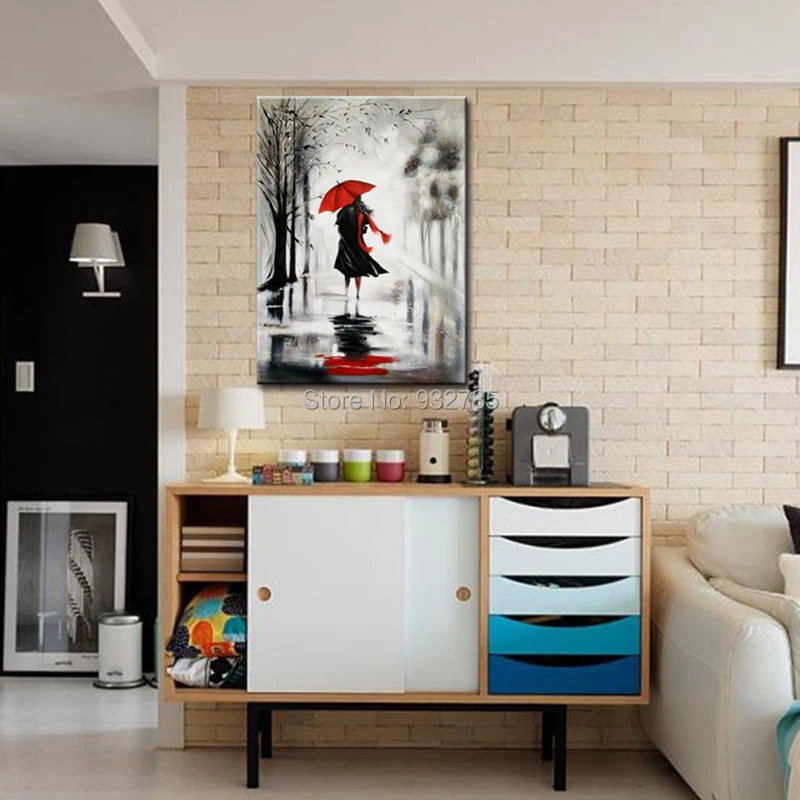 Без рамки 100% ручная роспись маслом красный зонт черное платье сексуальная