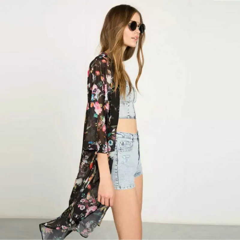 Модное осеннее шифоновое кимоно с цветочным принтом кардиган Blusas Femininas длинное