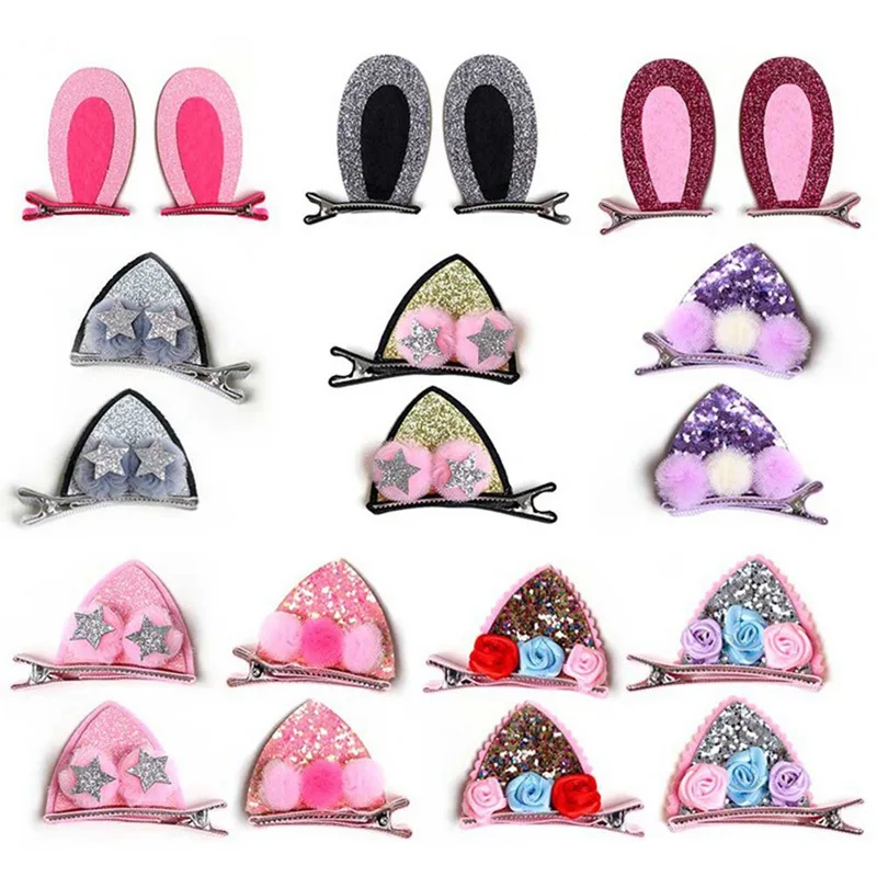 2pcs/Set Children Girls Cute Hair Clips Lovely Fashion Cat Ears Bunny Kids Accessories Pompom Glitter Flowers Hairpins | Мать и ребенок