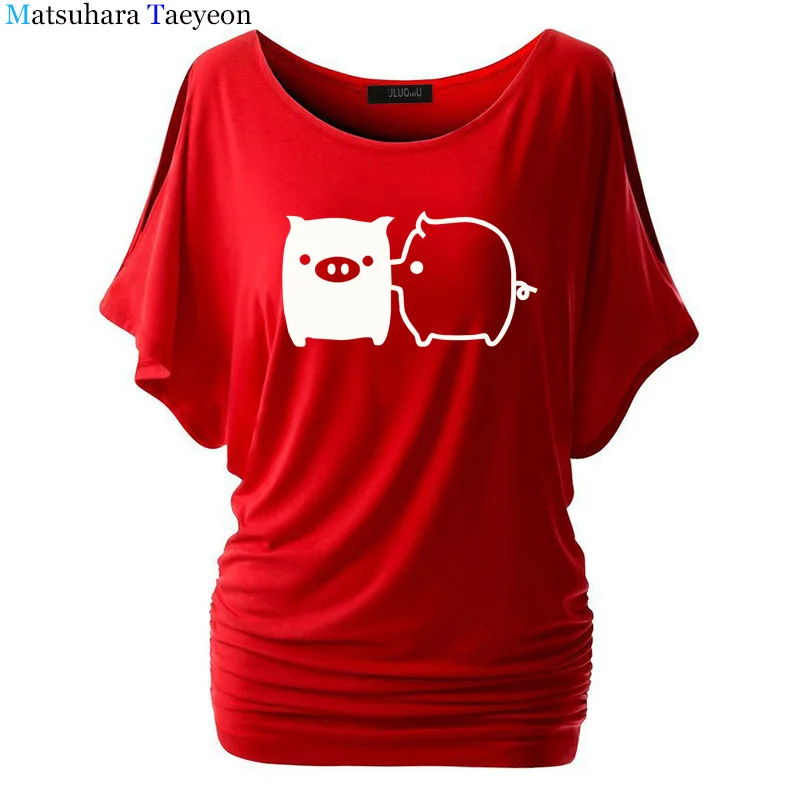 Футболка с рукавами летучая мышь хлопковая принтом милой свинки женская