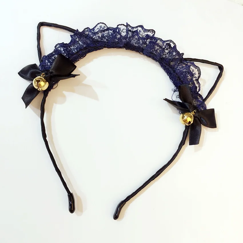navy blue Милые кружевные шиффоны, бант из ленты, кошачьи уши, ободок для волос, Милый Колокольчик, обруч для волос, детский головной убор, инструменты для девочек и женщин, головной убор - Цвет: navy blue