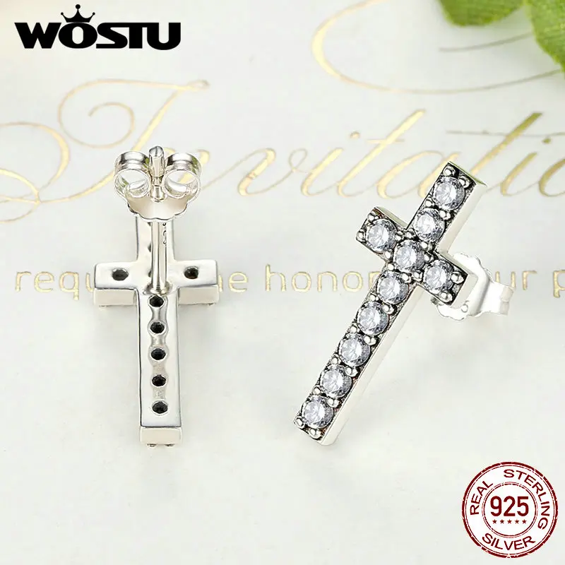 WOSTU, новая мода, 925 пробы, серебро и прозрачный CZ, сверкающий крест, серьги-гвоздики для женщин, роскошный S925 бренд, ювелирное изделие, подарок CQE036