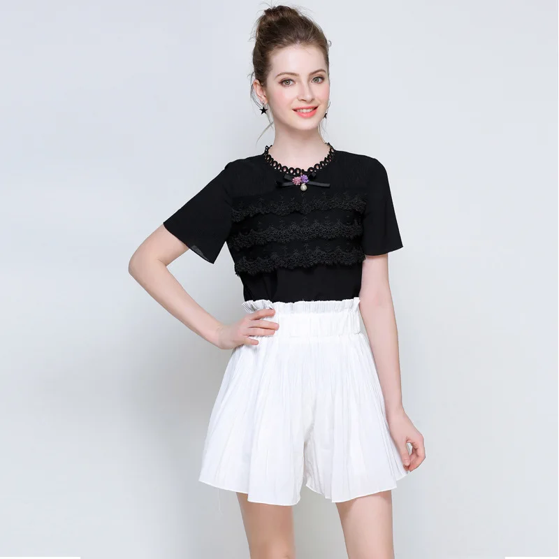 

Kerrilado New Fashion O-Neck Women Chiffon shirt Look Slim Plus Size Black Lace Bow Beset With Pearls XL~4XL AD24