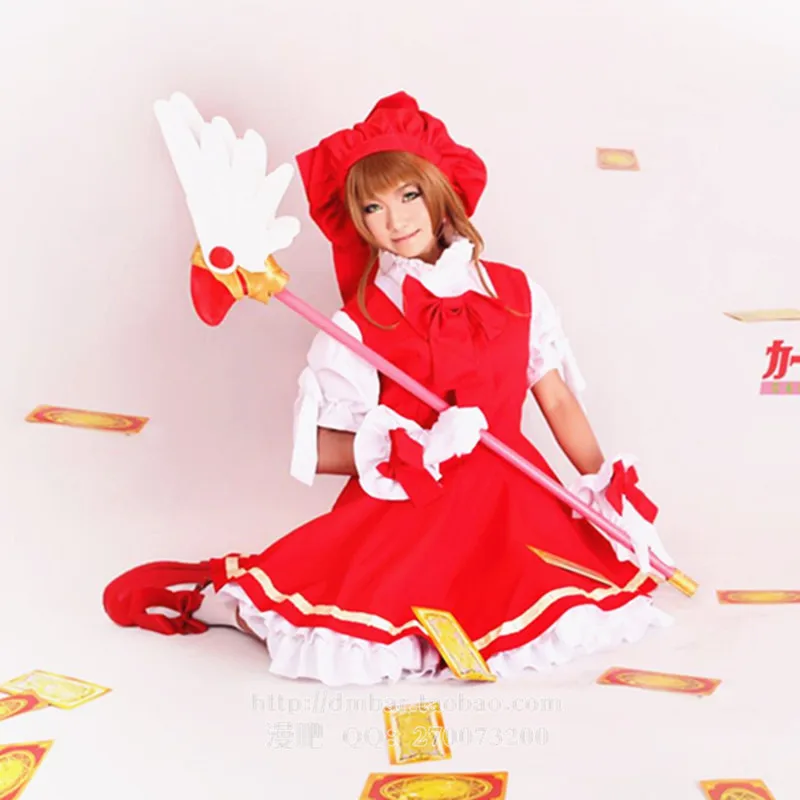 Anime CARDCAPTOR SAKURA KINOMOTO red dress Cosplay Costumes Halloween for women suits + hat bow 4pcs set |