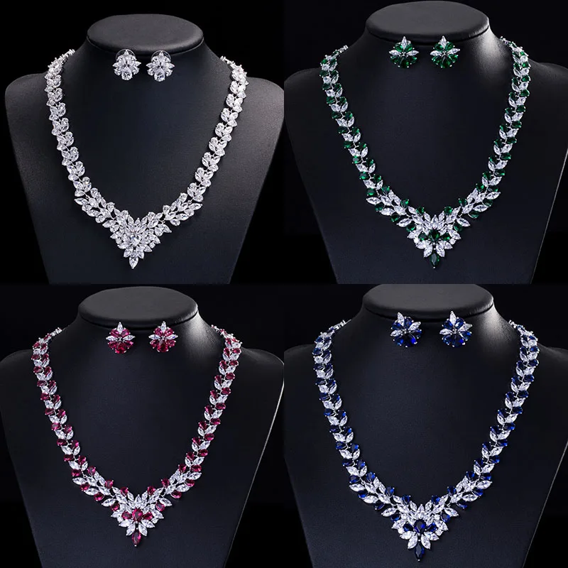 Новый дизайн Великолепная форма маркиза полный Синий Красный CZ Ожерелье Серьги