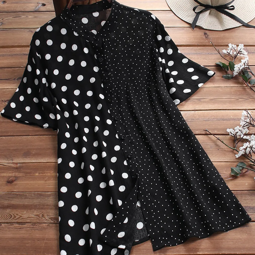 Модные Лоскутные черно-белые женские блузки стрейч морщин точка Лето Осень