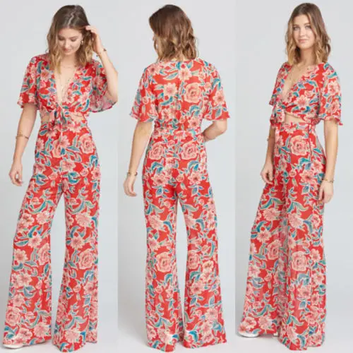 2018 новый летний Для женщин Boho пляжного отдыха красный Цветочные Комбинезоны леди V шеи свободные Playsuit