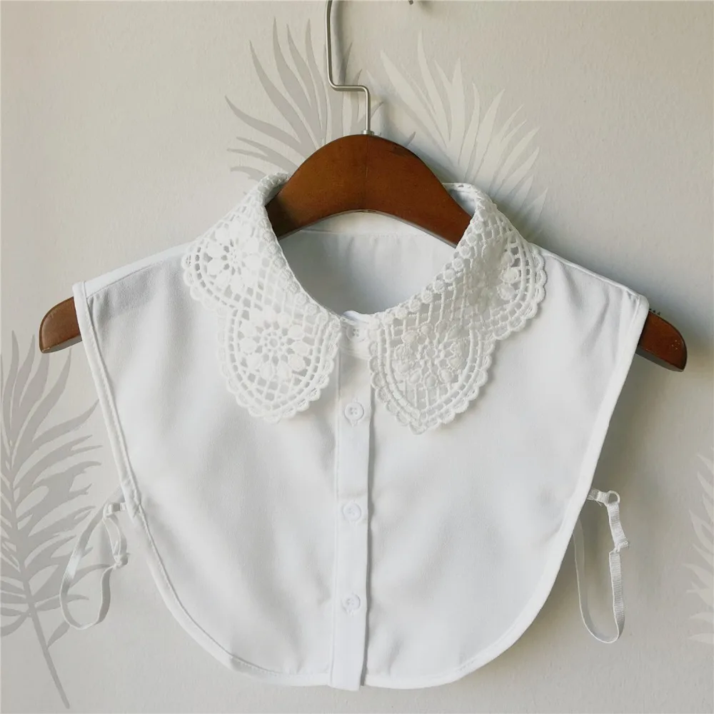 

Elegant Women Sweater Shirt Hollow Out Lace Flower Cardigan Button Fake Collar Cotton Detachable False Collars Lady Blouse Tops