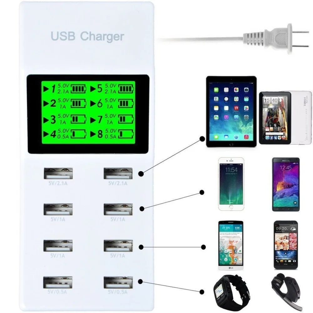 

Настольное настенное зарядное устройство с 8 USB-портами и светодиодным дисплеем