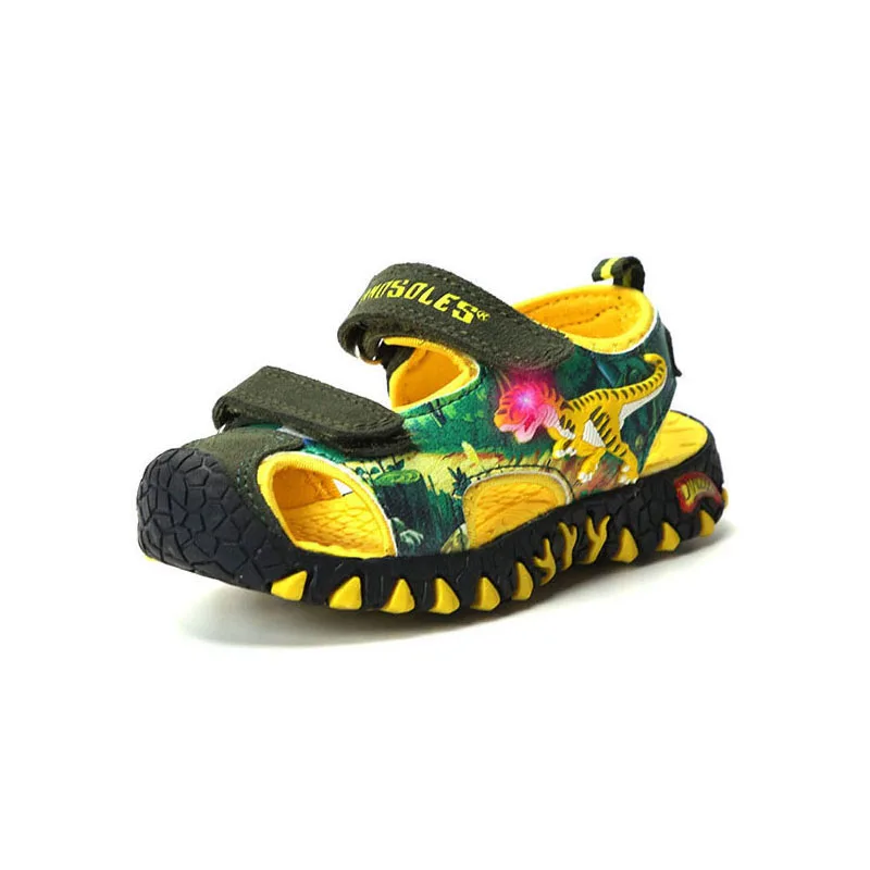 Army Green Light Dinoskulls/сандалии для мальчиков; светильник со светодиодной подсветкой; Летняя детская обувь с 3D рисунком динозавра; кожаные детские пляжные сандалии; коллекция года; противоскользящая светящаяся обувь - Цвет: Army Green Light