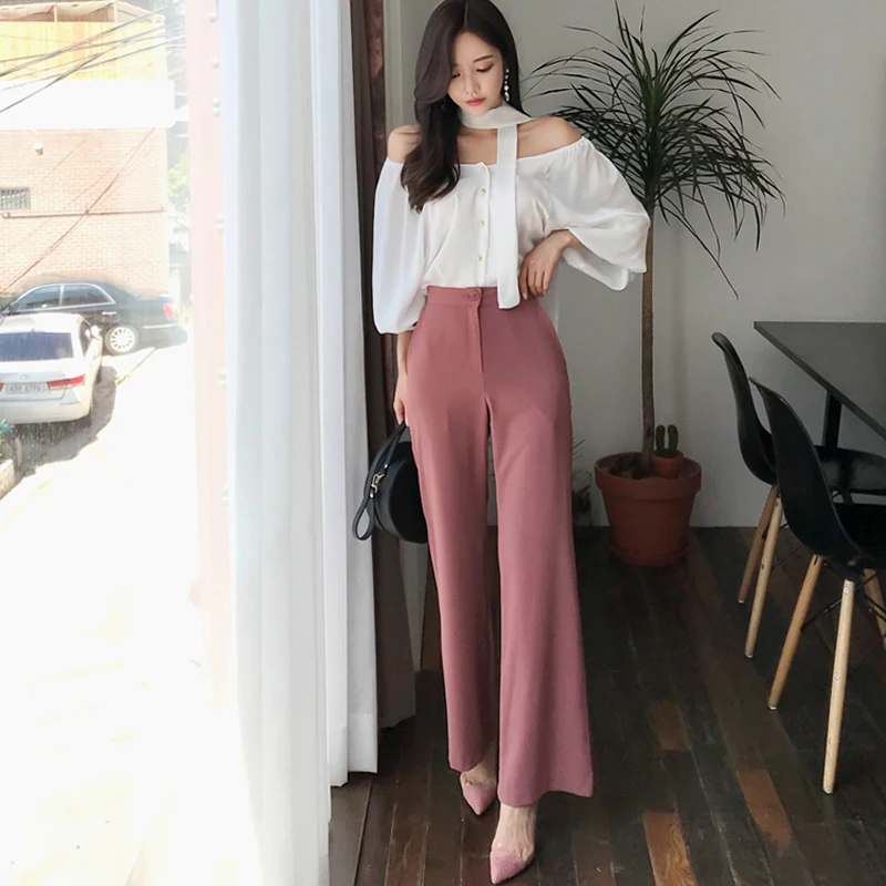 Осенний офисный Женский комплект из 2 предметов блуза с рукавом фонариком и