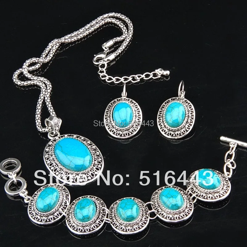 Лидер продаж античное серебро бирюза большие овальные полые серьги браслет
