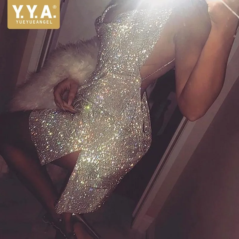 

Hot Sexy Night Club Party Deep Halter V-Neck Female Short Dress Fashion Sleeveless Whole Body Diamonds Backless Show Wrap Dress
