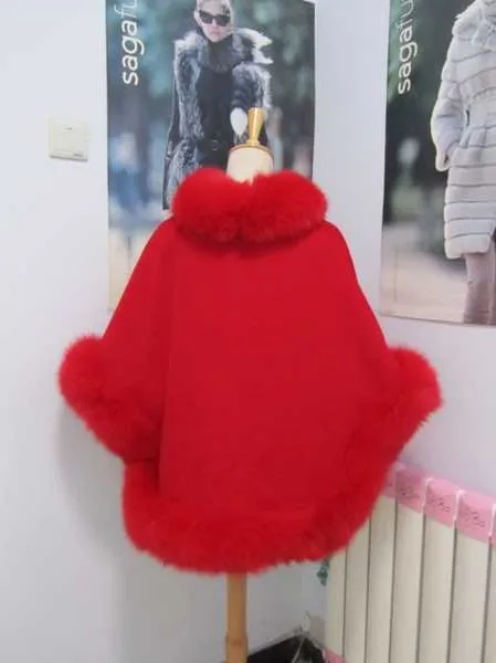 Free shipping red cashmere cape real fox fur trim length 70cm pashmina for women |