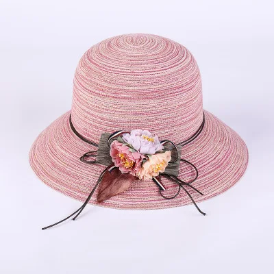 pink Litthing Складная лента круглый плоский верх цветок Соломенная пляжная шляпа летние шляпы для женщин соломенная шляпа Gorras - Цвет: pink