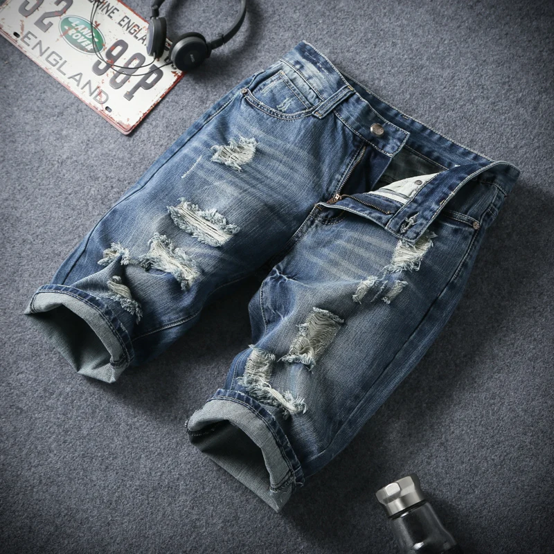 Good Quality Mens Big hole Cotton Denim Shorts Large Size Male Popular youth Preppy style short jeans Boys shorts 42 | Мужская одежда