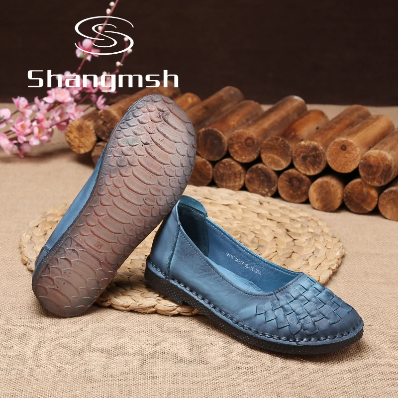 Shangmsh Handmade Casual Shoe Women Driving Soft Flat Solid Genuine Leather Wild Retro Shoes Weave Ladies | Обувь