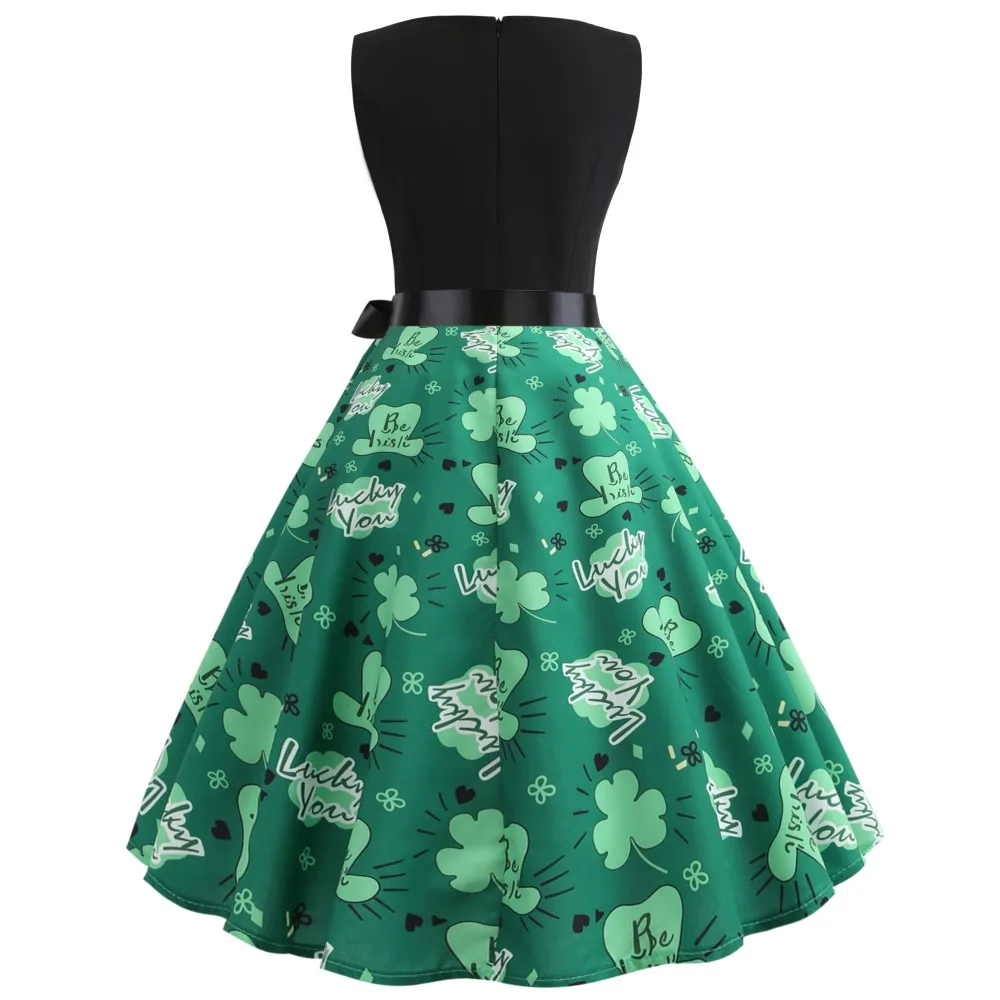 Женское платье с тремя листьями зеленое трилистником и клевером в стиле ретро