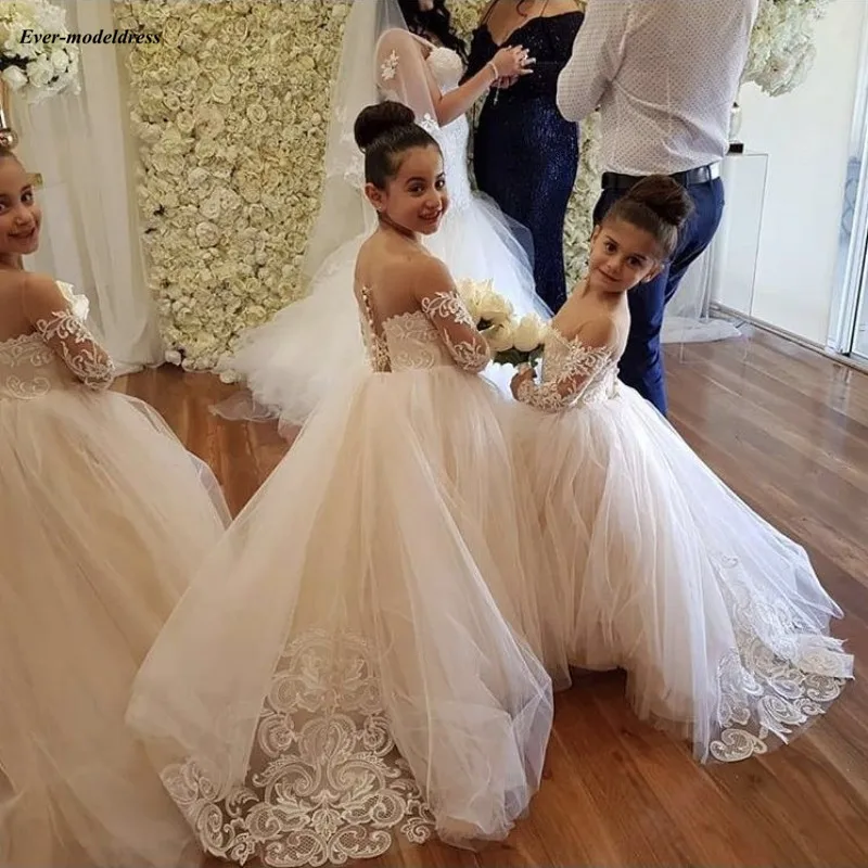 picture color Свадебные платья цвета шампанского с цветочным узором для девочек; коллекция года; бальное платье с длинными рукавами и кружевной аппликацией; платья для первого причастия для девочек - Цвет: picture color