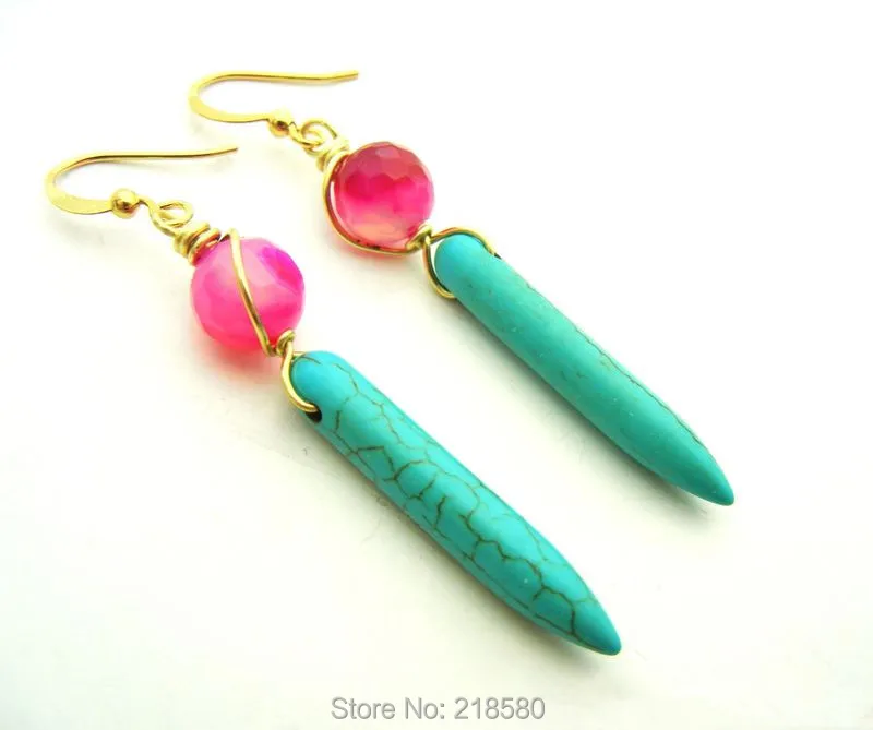 

E15041401 Hot Pink Agates Beads Turquoises Howlite POINT Dangle Earrings