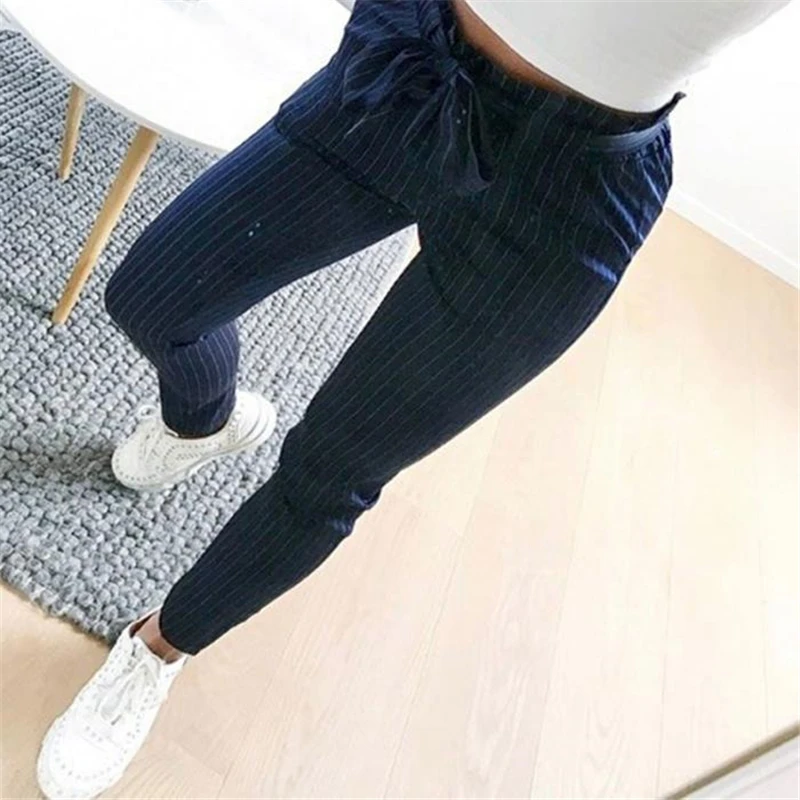 Модные летние женские шаровары в полоску OL с высокой талией и эластичным