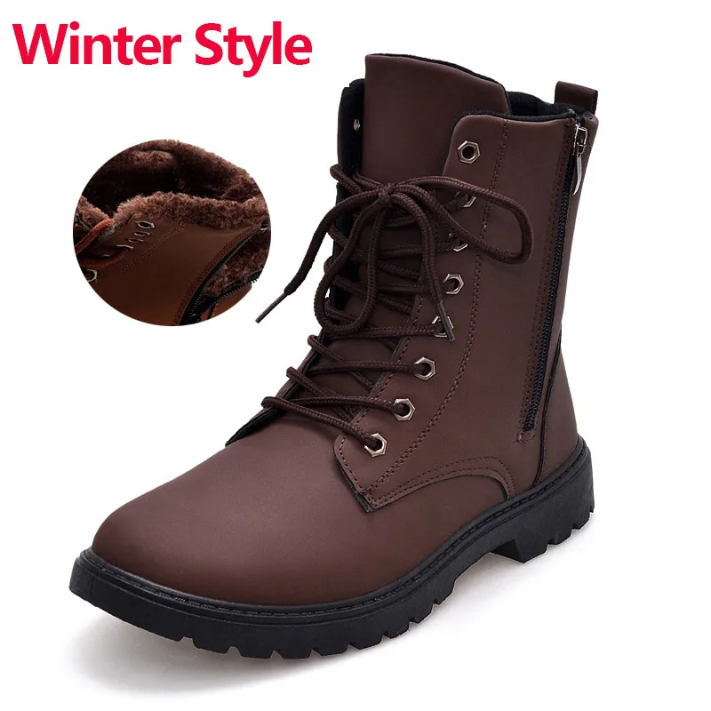 Winter Boots Brown Merkmak/Тактические водонепроницаемые теплые зимние ботинки; Мужские Винтажные кожаные ботинки в байкерском стиле; короткие ботинки с высоким вырезом; мужские повседневные ботильоны - Цвет: Winter Boots Brown