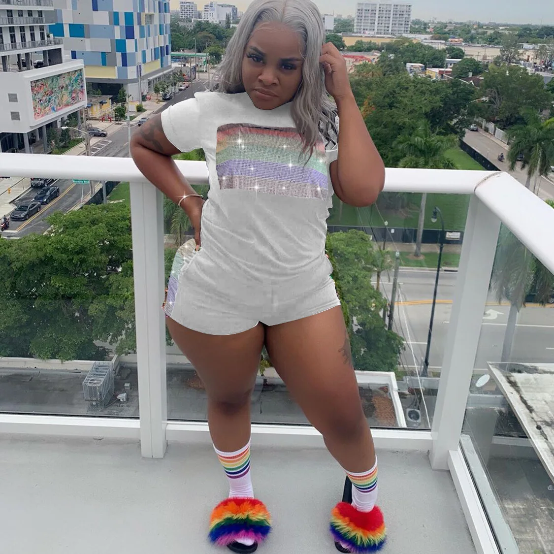 Rainbow Rhinestone Two Piece Summer Clothes for Women Short Sleeve T Shirt+ Bodycon Biker Shorts Plus Size Causal Matching Sets