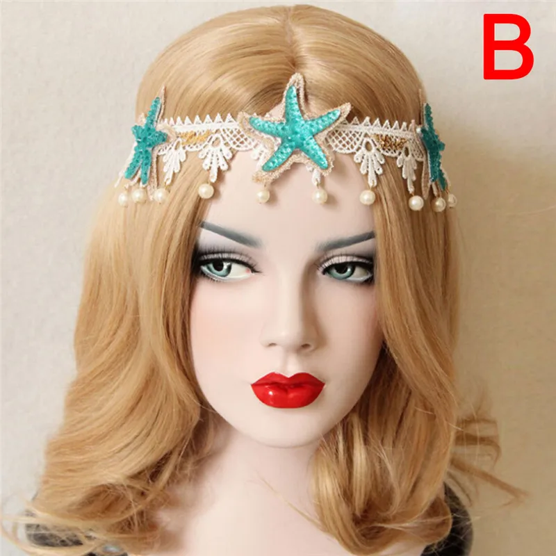 1PC Handmade Lace Artificial Flowers Starfish Hemp Twine Nature Shell Hairbands Women Headband Hair Jewelry size: 6 x 5.5 cm |