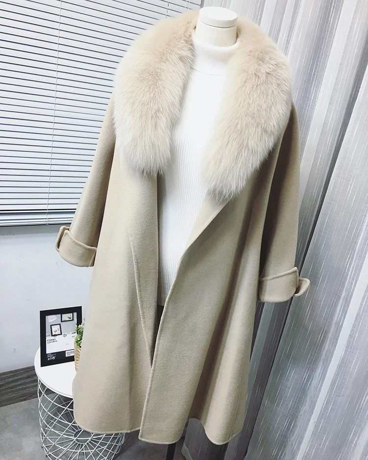 OFTBUY пальто с натуральным мехом, зимняя женская куртка, воротник из натурального Лисьего меха, кашемировая шерсть, Длинная Верхняя одежда с поясом, женская уличная одежда