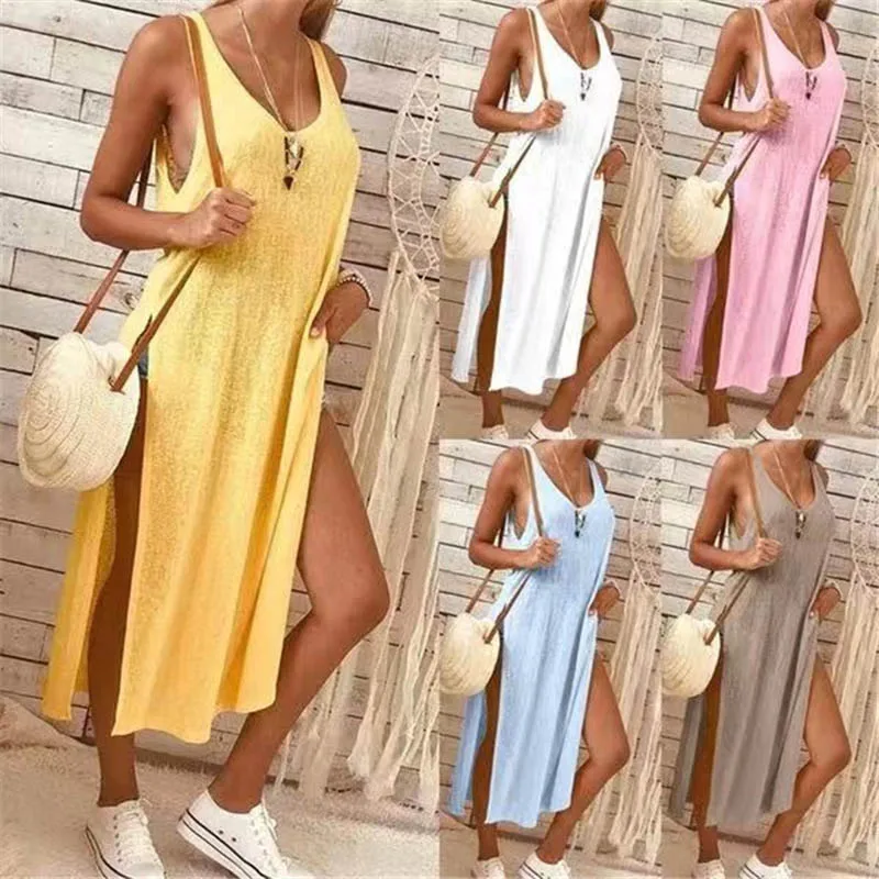 Solid Color Deep V Split Vest Dress Evening Party Summer Beach Casual Long Sundress QL Sale | Женская одежда