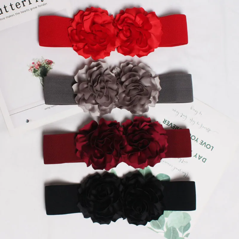 

TOYOOSKY New Elegant Women Wide Elastic Belt Two Big Flowers Solid Waistband High Quality Alloy Double Snap Belts for Woman
