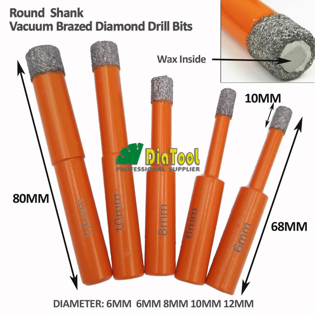 DIATOOL 5pcs/box Dry drilling bits with Hex Or Round Shank 6/6/8/10/12mm Drill Bits For Ceramic Tile Granite Concrete