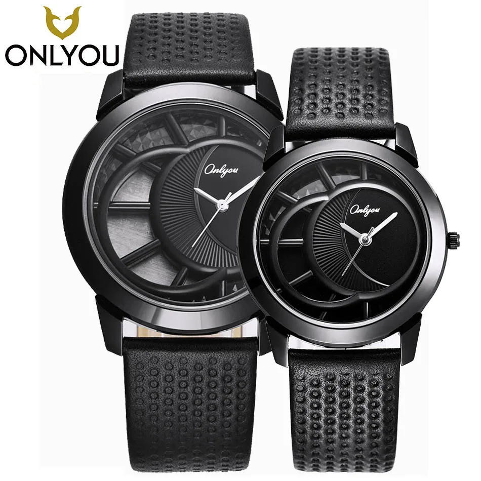 ONLYOU Fashion Quartz Watch Moon Phase Unique Design Black Case Water Resistant Life Charm Lovers Genuine Leather Clock | Наручные часы