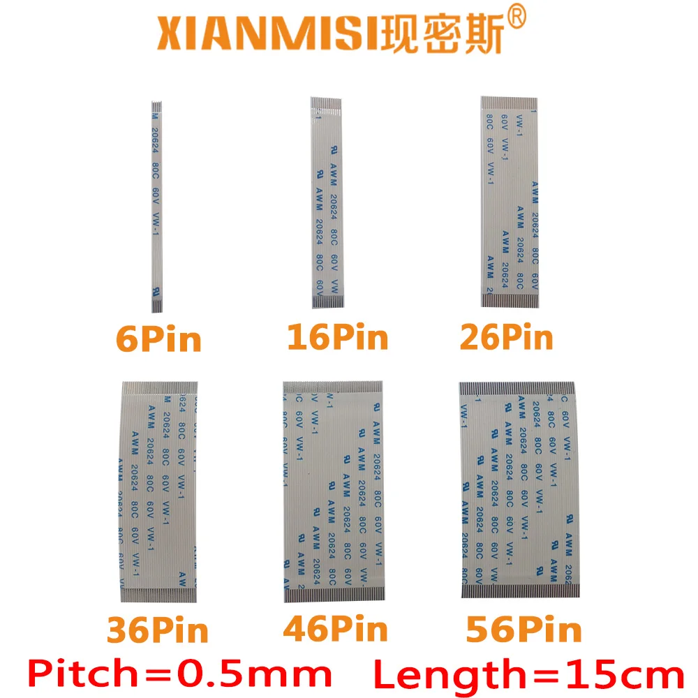 FFC FPC Flat Flex Extension Cable 6Pin 16Pin 26Pin 36Pin 46Pin 56Pin Same Side 0.5mm Pitch AWM VW-1 20624 60V Length 15cm 5PCS |