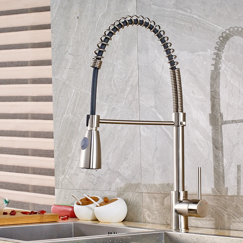 Роскошный Твердый латунный матовый никелевый пружинный кухонный смеситель для