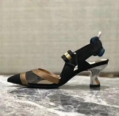 brown 5 cm heel Весенне-летние, воздушные, сетчатые свадебные туфли Для женщин на высоком каблуке, острый носок взлетно-посадочной босоножки с вышивкой; женские туфли с мозаичным рисунком - Цвет: brown 5 cm heel