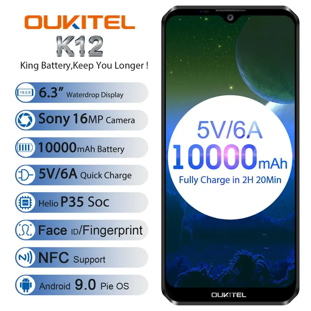 

OUKITEL K12 6.3 Inch 4G LTE Cellphone WCDMA MTK6765 Octa 6G RAM 64G ROM Android 9.0 Mobile Phone NFC 10000mAh Smartphone Face ID